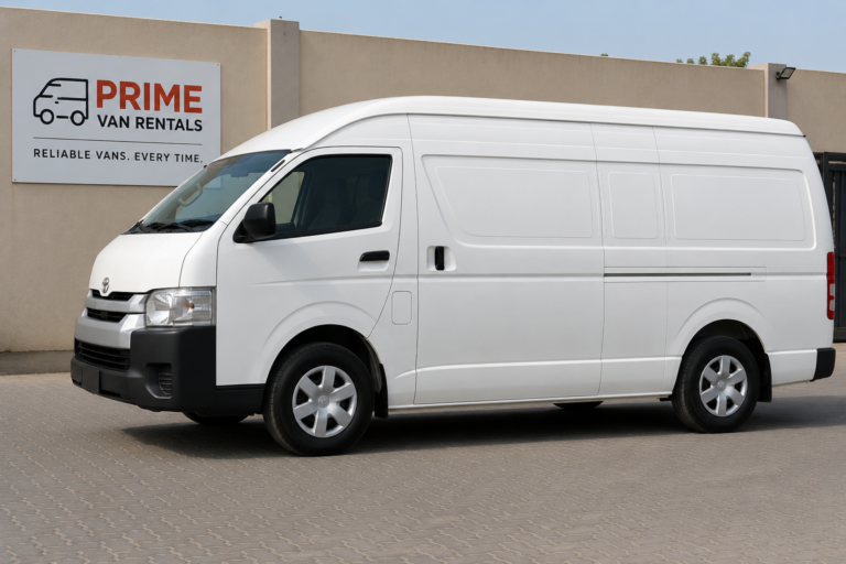 White Toyota Hiace panel van available to rent in Dubai, side view showing the solid load body