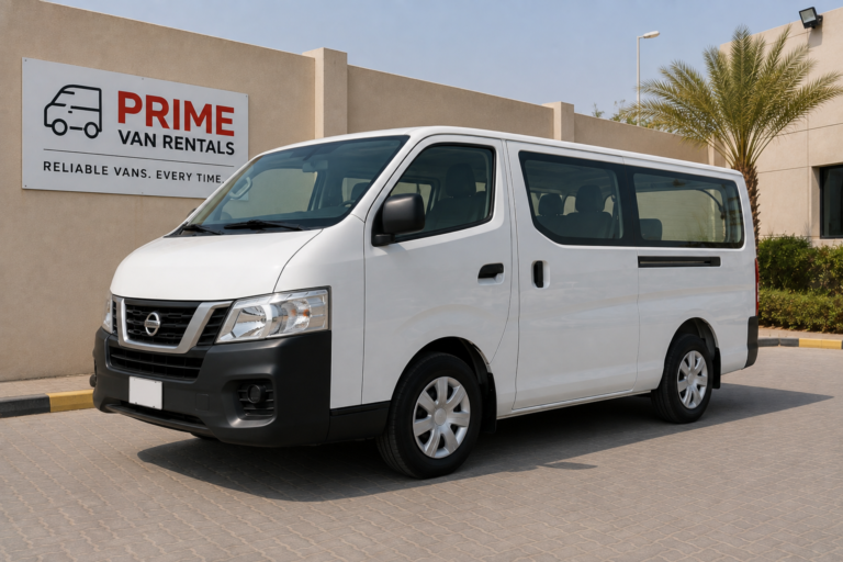 White Nissan Urvan available to rent in Dubai, window body version with side glazing