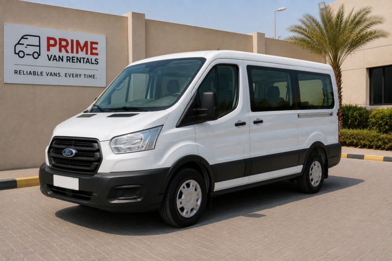White Ford Transit available to rent in Dubai, window body version with side glazing