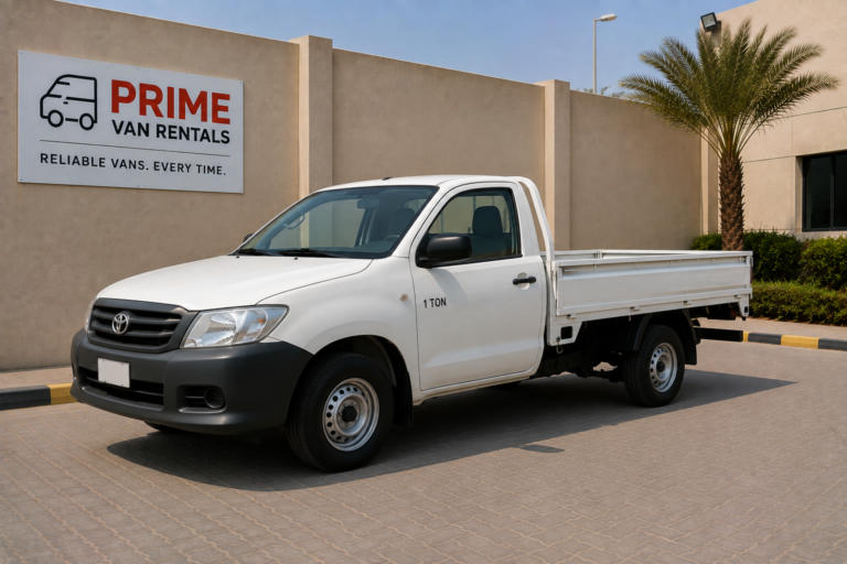 White 1-ton pickup truck available to rent in Dubai with drop-side open bed