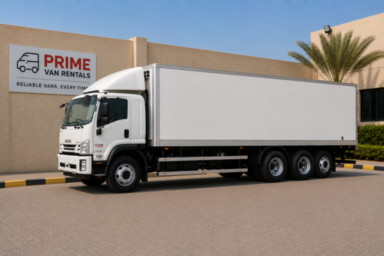 White 10-tonne box truck available to rent in Dubai, three axles and a 7.5 m cargo body