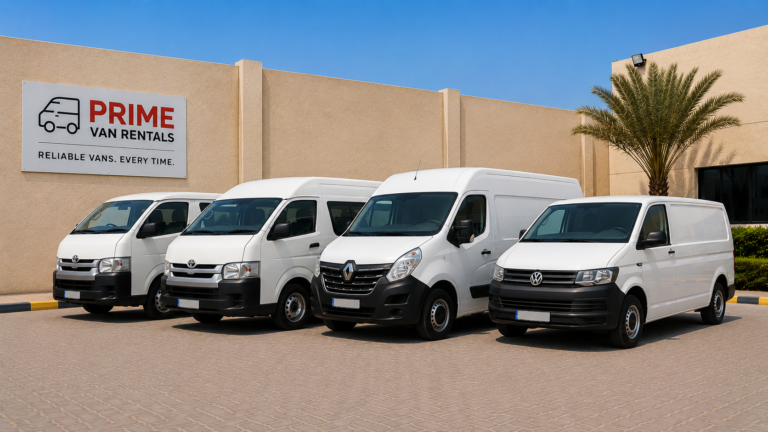 Four white vans parked in a row, ready for business fleet hire in Dubai