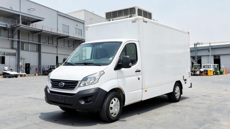 White 1-ton chiller van for rent in Dubai, front three-quarter view
