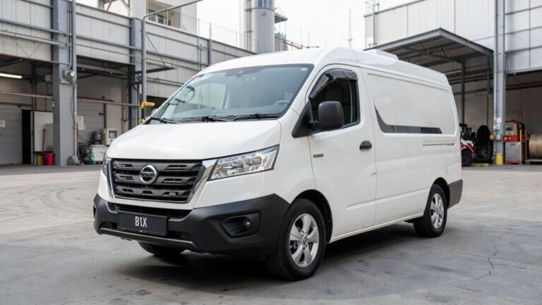 White Nissan Urvan panel van for rent in Dubai, front three-quarter view